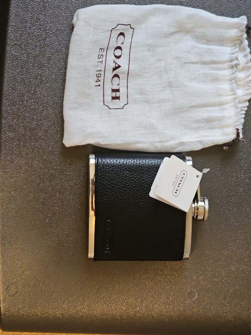 COACH BLACK PEBBLE Leather Flask 6 oz. Stainless Steel  Never Used W/ TIE BAG